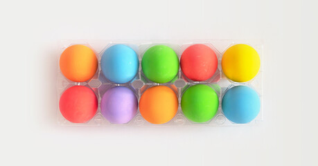 Colorful easter eggs on white background. Food decoration on holiday.