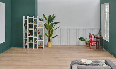 White and green wall background room, bookshelf, chair vase of plant and carpet parquet decoration, interior style.
