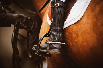 The chestnut horse is wearing horse ammunition - a stirrup, a brown old saddle, a white...