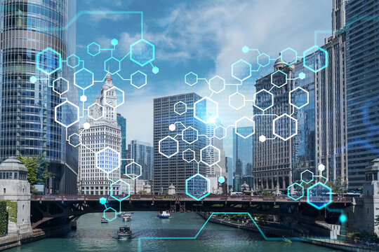 Panorama cityscape of Chicago downtown and Riverwalk, boardwalk with bridges at day time, Chicago, Illinois, USA. Decentralized economy. Blockchain, cryptography and cryptocurrency concept, hologram