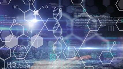 Animation of dna strand, chemical symbols and data processing over black background - Powered by Adobe