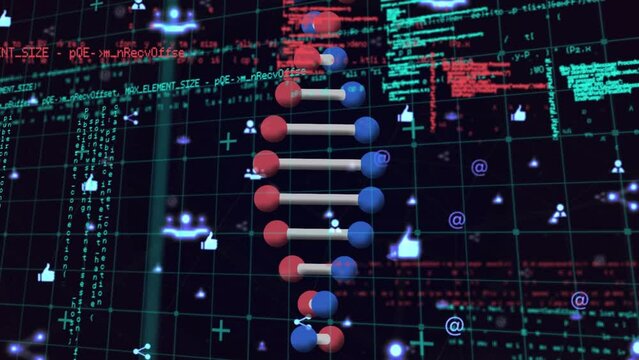 Animation of dna strand and data processing over black background