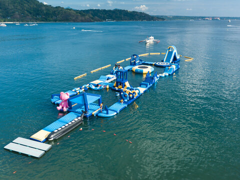 Olongapo, Zambales, Philippines - Aerial of a water park by the coast of Barretto Beach.