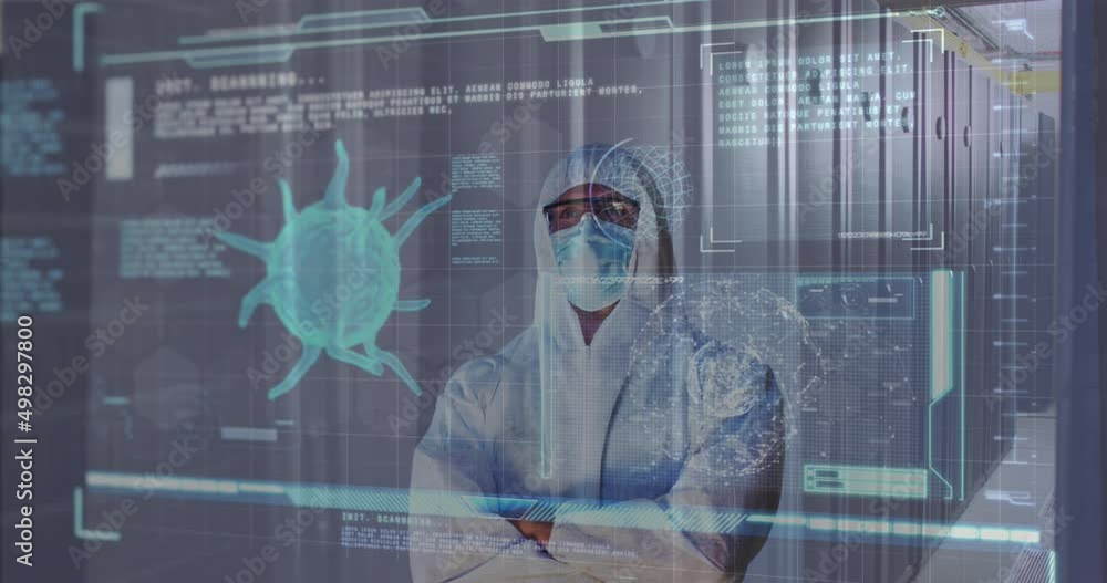 Aufkleber animation of covid 19 data processing and man in ppe suit over computer servers