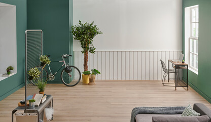 Green and white room wall background style, corner of sofa blanket detail, parquet and carpet design, bookshelf and vase of plant concept.