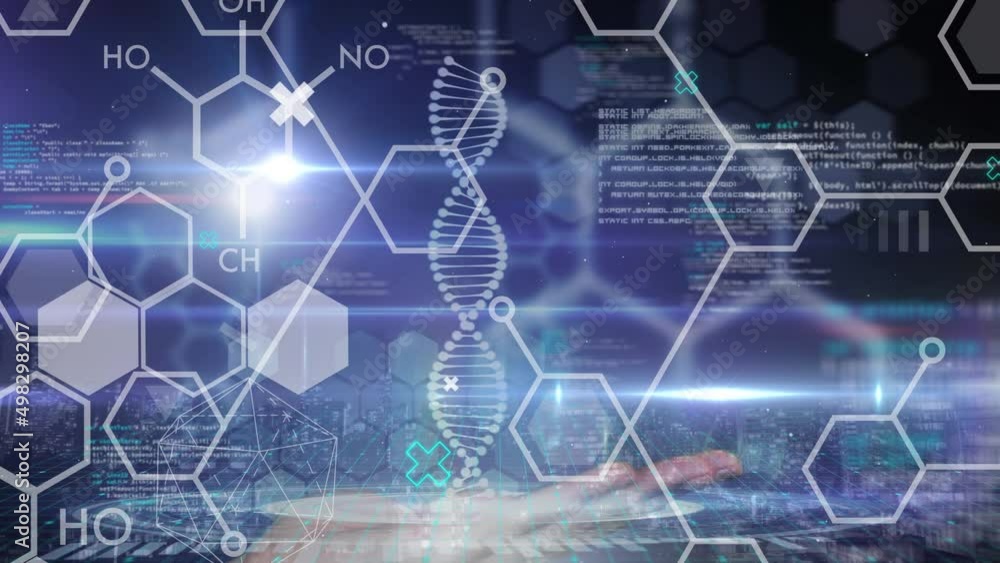 Aufkleber animation of dna strand and data processing over black background