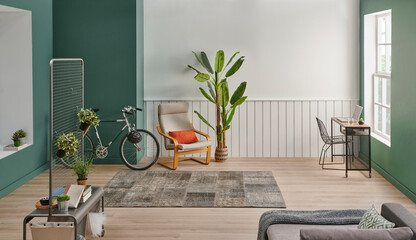 Modern home wall and room style, green and white background, vase of plant, carpet style.