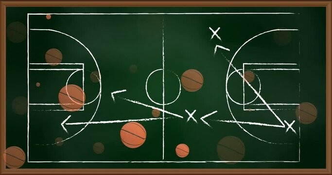 Animation of basketballs over drawing of game plan