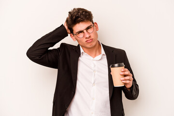 Naklejka premium Young caucasian business man holding takeaway coffee isolated on white background being shocked, she has remembered important meeting.