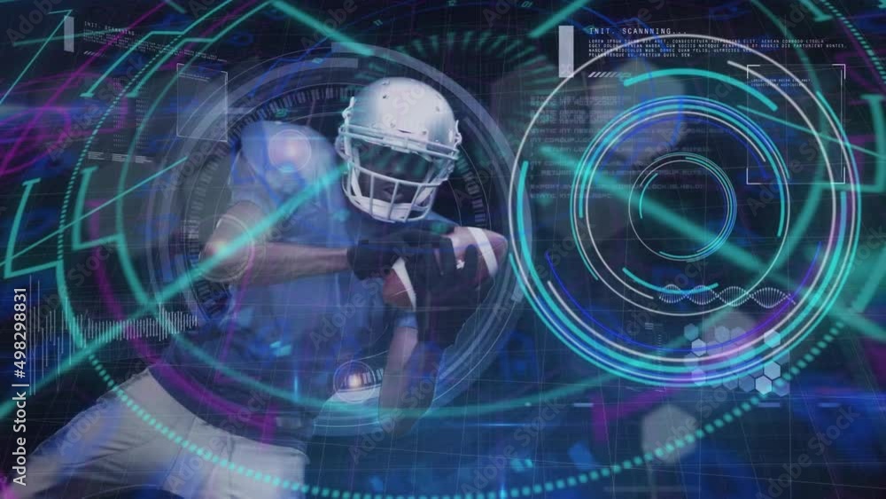 Poster animation of scope scanning and data processing over american football player