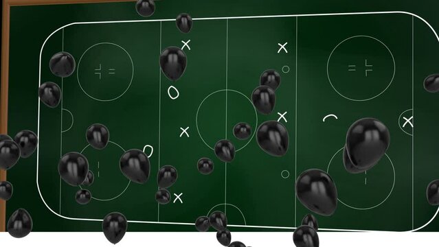 Animation of ballons over drawing of game plan on green background