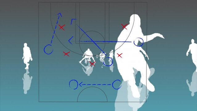 Animation of drawing of game plan over basketball players silhouettes