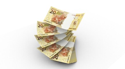 3d Money notes of 20 reais, and 20 reais from brazil in white background. Money from brazil. earn money. Real, Currency, Dinheiro, Reais, Brasil. Money banknotes 3d illustration.