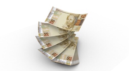3d Money notes of 50 reais, and 50 reais from brazil in white background. Money from brazil. earn money. Real, Currency, Dinheiro, Reais, Brasil. Money banknotes 3d illustration.