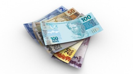 Obraz na płótnie Canvas 3d Money notes of brazilian reais in white background. Money from brazil. earn money. Real, Currency, Dinheiro, Reais, Brasil. Money banknotes 3d illustration.