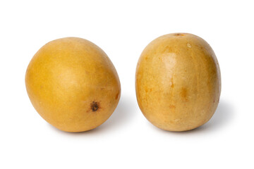 Pair of whole dried monk fruit on white background close up