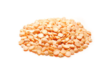 A pile of yellow dry split peas isolated on white background
