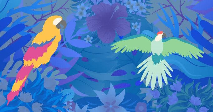 Animation of colourful parrots over plants