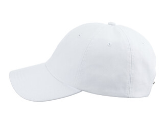 White textile baseball cap with a visor, isolated on a snow-white background. Side view.