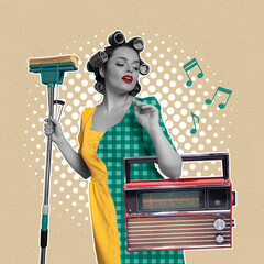 Creative design. Contemporary art collage with beautiful woman in hair curlers, holding modern...
