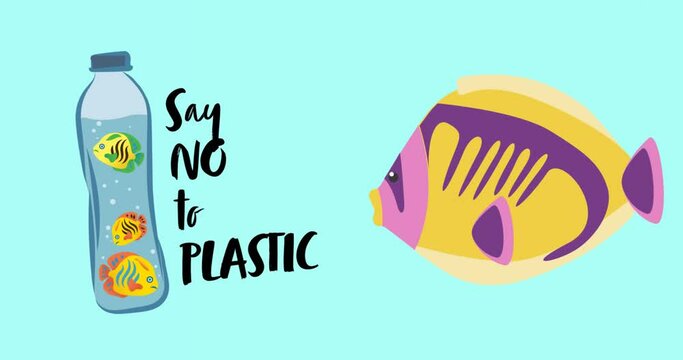 Animation of no plastic text over bottle and fish
