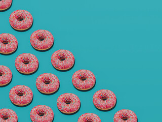 Donuts. Concept photo with copy space. Bunch of repeat doughnuts on pink background
