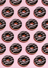 Glazed donuts. Seamless photo pattern. Bunch of doughnuts with icing on pink background