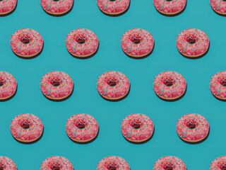 Donuts with sprinkles. Pop art. Seamless pattern with pink donuts on bright blue backdrop