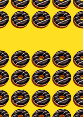 Chocolate rings. Top view photo with copy space. Bunch of frosted donuts on bright yellow background 