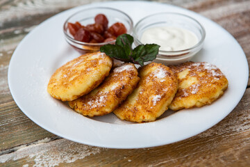 Ideal breakfast with pancakes and eggs. 