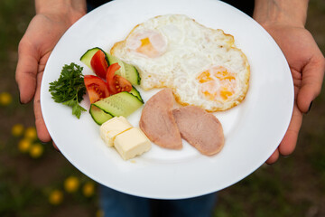 Ideal breakfast with pancakes and eggs. 