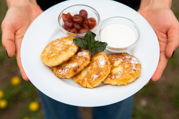 Ideal breakfast with pancakes and eggs. 