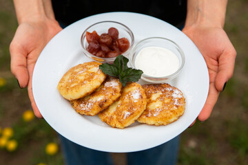Ideal breakfast with pancakes and eggs. 