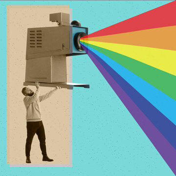 Contemporary art collage. Man holding giant retro video player translating rainbow path symbolizing LGBT support