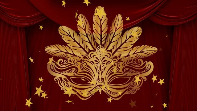 Animation of yellow stars moving over mask and curtain in theatre