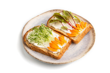 White bread sandwiches with cream cheese, calendula and microgreen isolated on white. side view, close up.