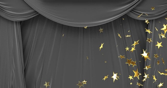 Animation of yellow stars moving over curtain in theatre