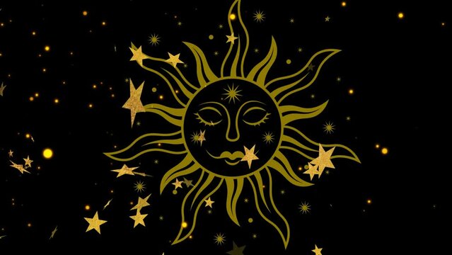Animation of yellow stars and spots over sun on black background