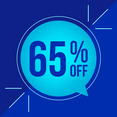 65% off, discount for big sales. Cyan balloon on blue background