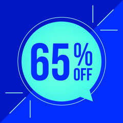 65% off, discount for big sales. Cyan balloon on blue background.