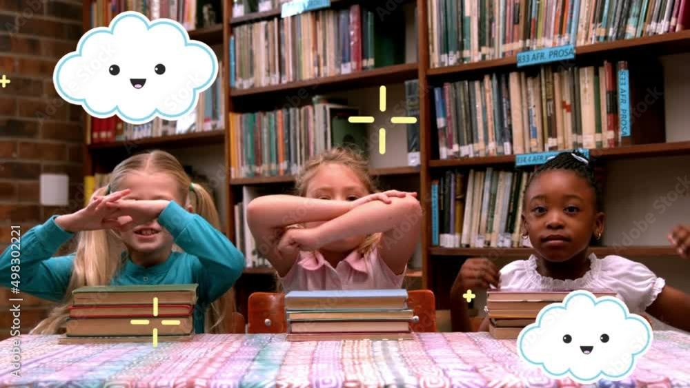 Sticker Animation of clouds and markers moving over happy school children with books