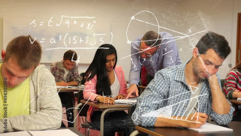 Poster animation of mathematical formulas over diverse students in class at school