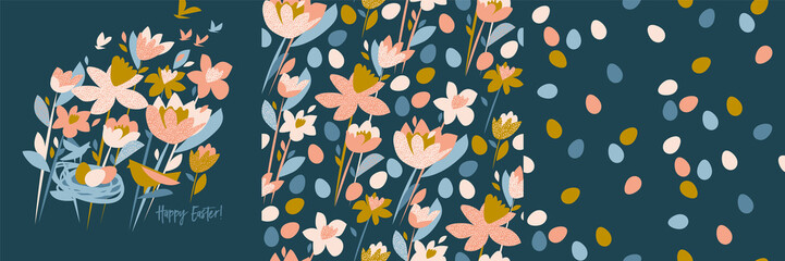 Flowers and eggs Easter vector seamless patterns