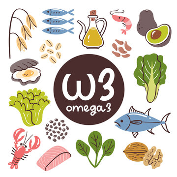 Food products rich in Omega 3. Cooking ingredients. Vegetables, seafood, oil, grains, nuts.