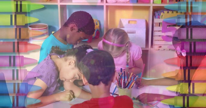 Animation of falling school supplies over diverse school kids in class at school