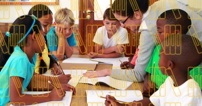 Animation of falling school supplies over diverse school kids in class at school