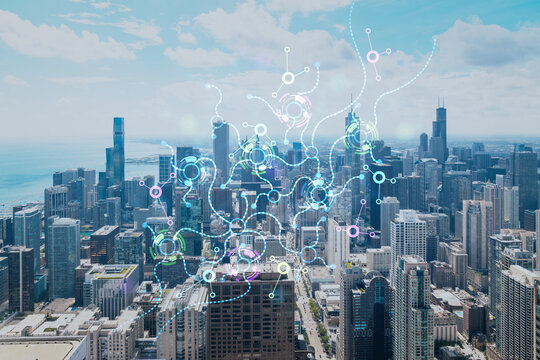 Aerial panorama city, Chicago downtown area and Lake, day time, Illinois, USA. Birds eye view. Hologram of Artificial Intelligence concept. AI and business, machine learning, neural network, robotics