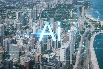 Aerial panorama city, Chicago downtown area and Lake, day time, Illinois, USA. Birds eye view. Hologram of Artificial Intelligence concept. AI and business, machine learning, neural network, robotics