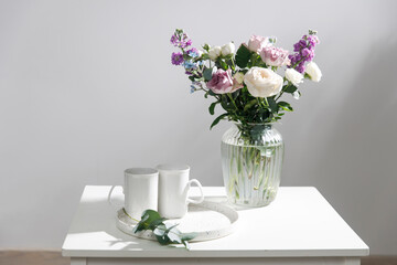 Bouquet of hackelia velutina, purple and white roses, small tea roses, matthiola incana and blue...