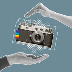 Contemporary art collage. Human hands holding retro camera isolated over blue backgroud. LGBTQIA...